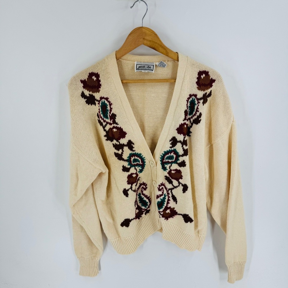 Vintage Heritage Cottage Cream‎ Paisley Cardigan Sweater Size M Grandma Indie